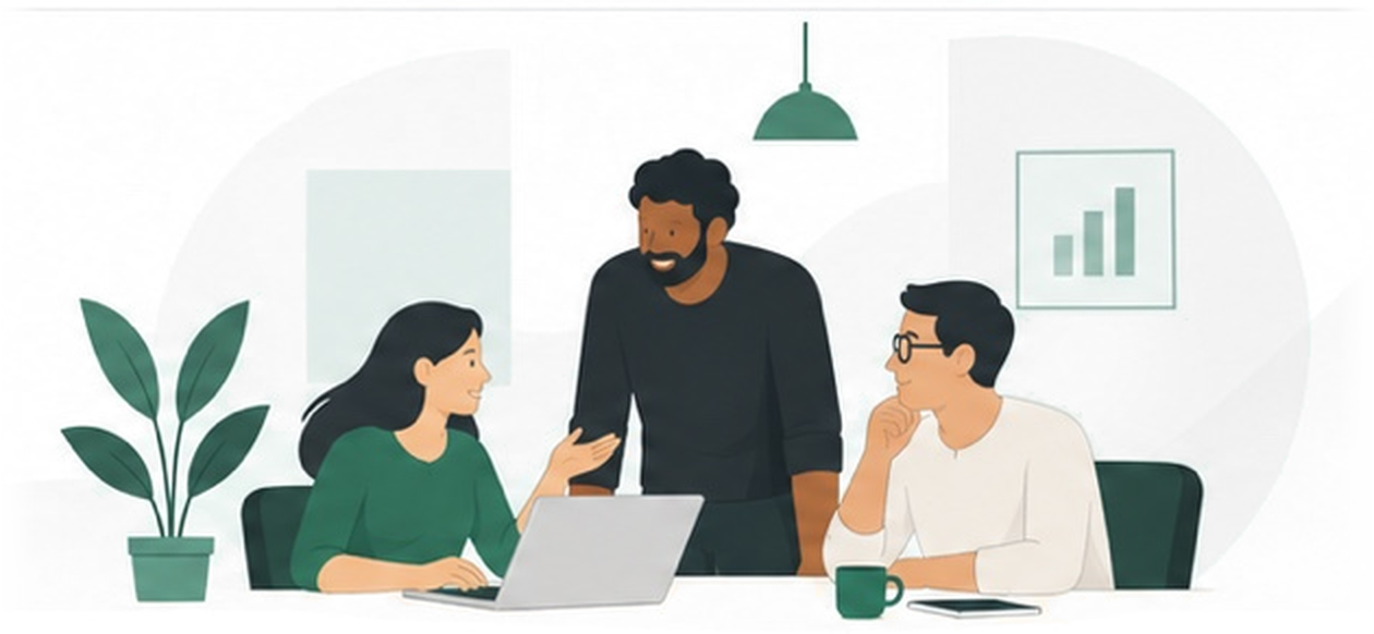 Three colleagues talking over a laptop at a shared desk
